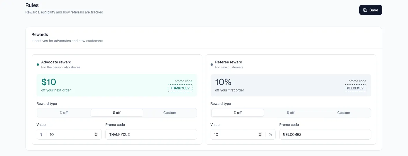 Configure → Rewards screen in the dashboard