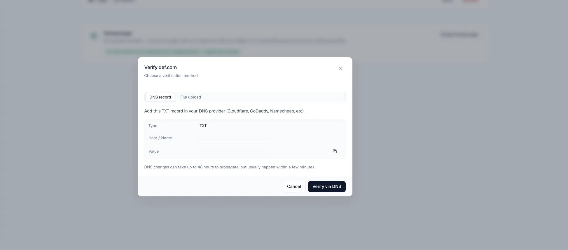 The domain verification modal showing DNS and file-upload options