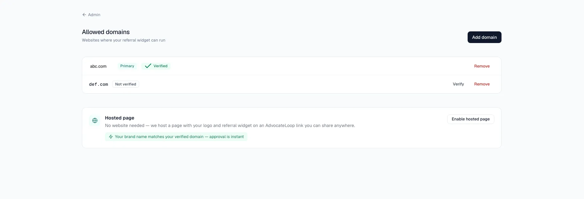 The Allowed domains screen in the AdvocateLoop dashboard