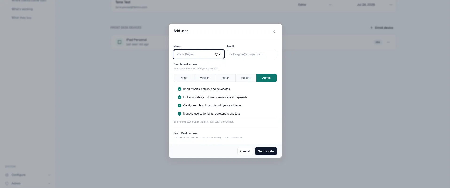 The Team members screen in the AdvocateLoop dashboard