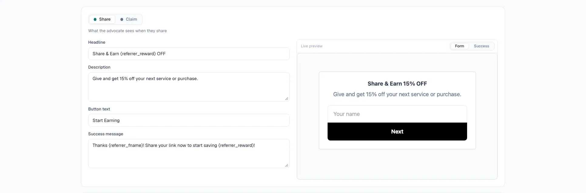 The Widget tab in the AdvocateLoop dashboard with live preview