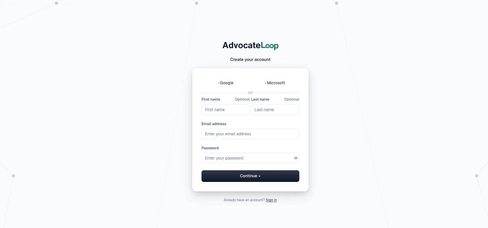 AdvocateLoop sign-up screen