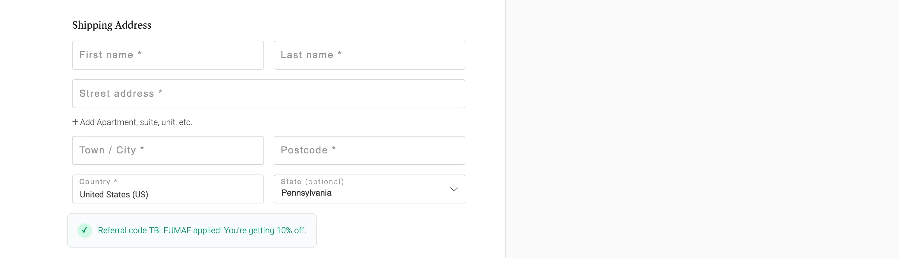 Checkout referral code area showing the applied discount